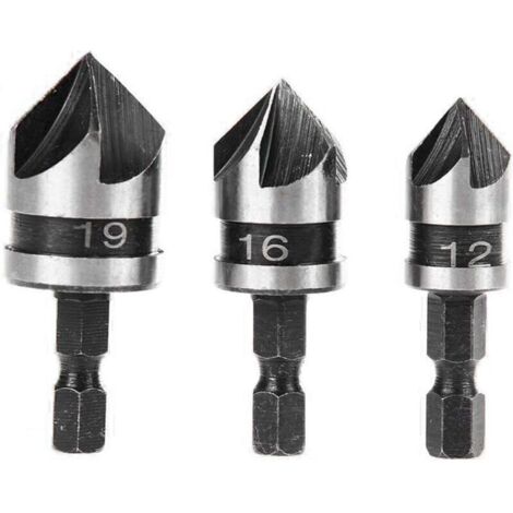 Set di 3 punte per smussatura a 90 gradi e 5 taglienti per legno e metallo, punta per smussatura in acciaio al carbonio esagonale da 1/4" a cambio rapido, utensile da taglio per smussatura del legno, 