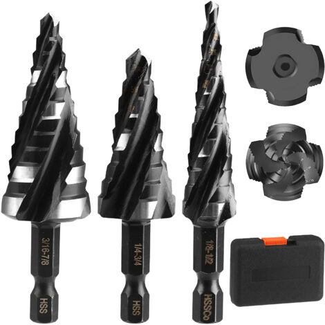 Set di 3 punte per trapano a gradini HSS, kit di punte per trapano coniche, punte per trapano incassate, elettroutensile con custodia (1/8"-7/8")