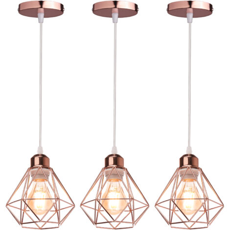 Set di 3 Retro Lampada a Sospensione Oro Rosa Vintage Industriale Loft Bar Metallo Paralume da Soffitto E27 (Senza Lampadine)