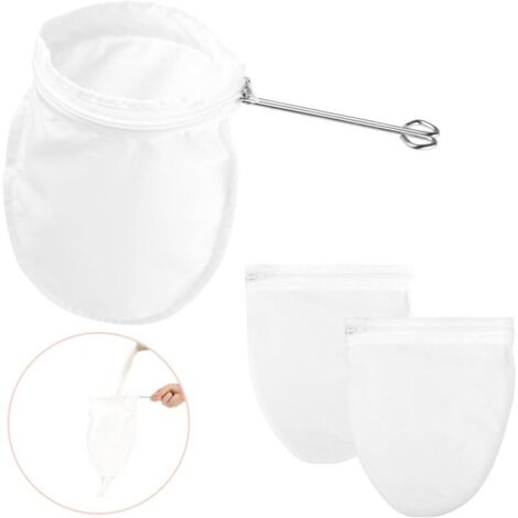 Set di 3 sacchetti filtro riutilizzabili a maglia fine con manici in acciaio inox per filtrare frutta secca, latte, caffè, tè tailandese, succhi di frutta, miele, vino, olio