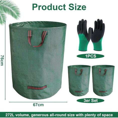 Set di 3 sacchi per rifiuti da giardino da 272 litri, sacchi per foglie autoportanti, guanti da giardino inclusi, con manici, pieghevoli, adatti per rifiuti da giardino, rifiuti verdi e foglie.