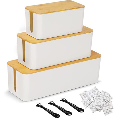 Set di 3 scatole per nascondere i cavi, grande scatola per riporre i cavi con coperchio in legno, scatola per nascondere le prese multiple per proteggere cavi e spine – Bianco/venatura di bambù