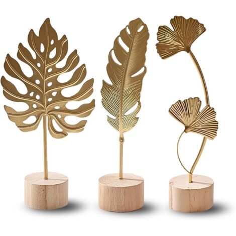 Set di 3 sculture decorative in oro: foglia di ginkgo, monstera e piuma in metallo con base in legno, statua decorativa per la casa, arredamento moderno per soggiorno, arredamento per ufficio o oggett