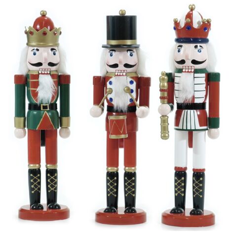 Set di 3 soldatini schiaccianoni natale h38 in legno dipinti a mano da collezione re reale con scettro tamburello natalizi