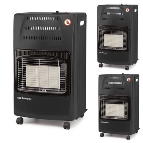 Set di 3 Stufas a gas pieghevole HCE60 - 4200W. Classe energetica A. Triplo sistema di sicurezza, 42 x 74 x 35 cm, nera.