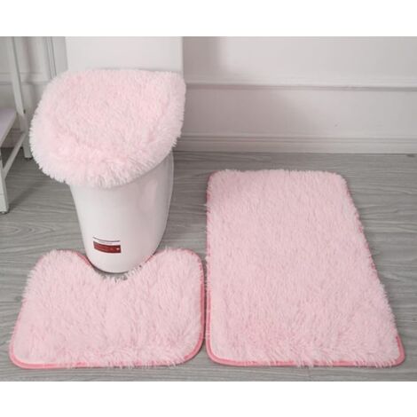 Set di 3 tappetini per WC in morbida microfibra - antiscivolo - con supporto in flanella di PVC con borchie - tappetino da bagno + tappetino per WC + copri coperchio - rosa - RAPANDA