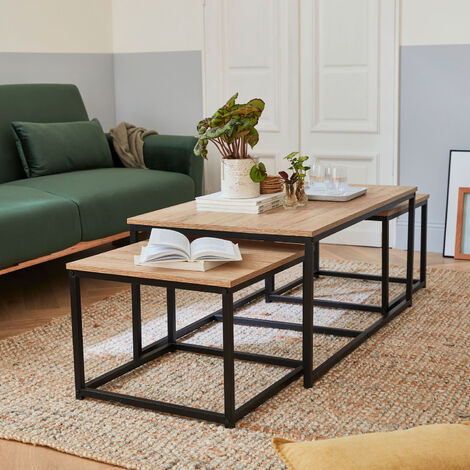 Set di 3 tavolini gigogne in metallo nero, arredamento in legno - Loft - da incasso, 1x100x45x60cm / 2x50x50x38cm - Legno