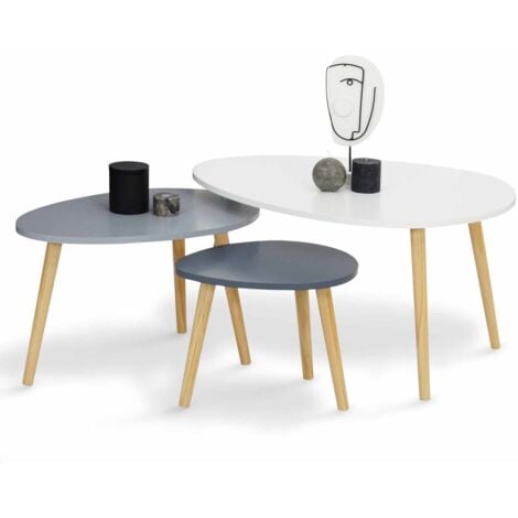 IDMARKET Set di 3 tavolini nidificanti GAIA laccati bianchi e grigi in stile scandinavo
