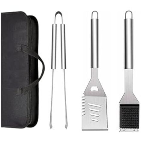 Set di 3 Utensili da Barbecue in Acciaio Inossidabile con Borsa, Spatola, Pinza e Forchetta per Cucina e Campeggio
