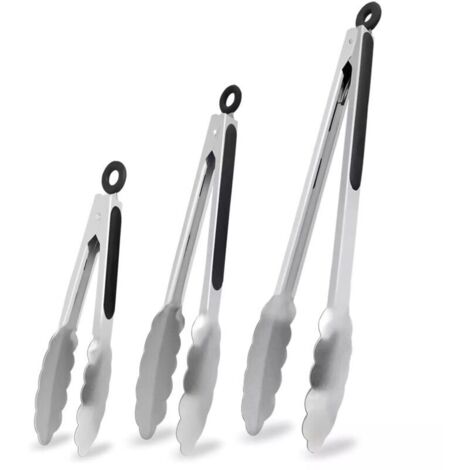 Set di 3 utensili in acciaio inox con manici antiscivolo e resistenti al calore – Ideali per cucinare, preparare insalate, grigliare e fare barbecue (21 cm + 27 cm + 34 cm)