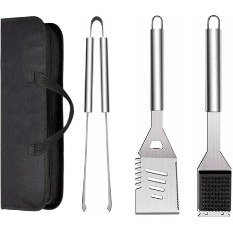 Set di 3 utensili per barbecue in acciaio inossidabile con borsa per il trasporto, spatola, pinze e forchetta, accessori per barbecue per cucinare, campeggio all'aperto