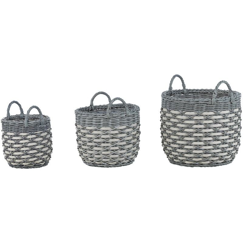 Set di 3 cesti per piante da esterno fioriere rivestite in rattan sintetico grigio e bianco Gefira