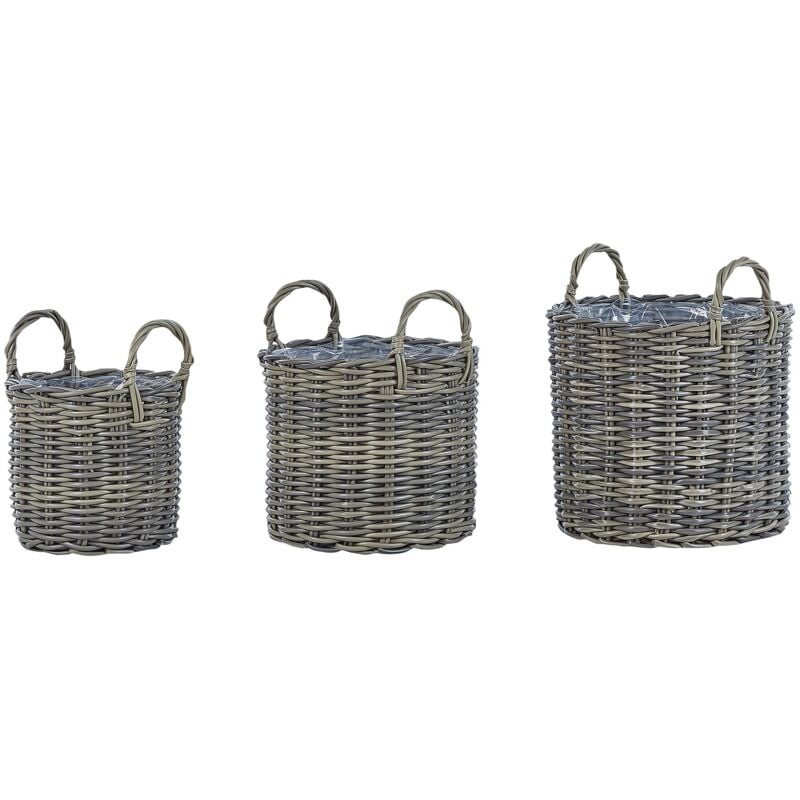 Set di 3 cesti per piante da esterno fioriere rivestite in rattan sintetico marrone talpa Nikiti