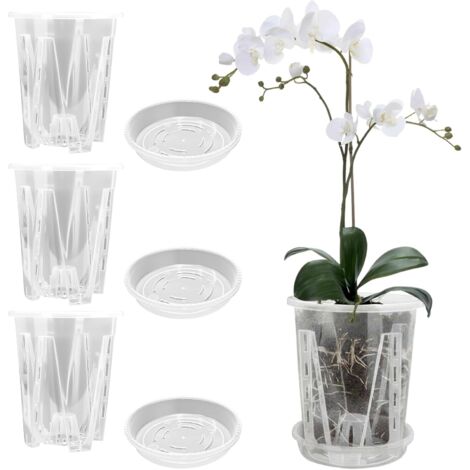 Set di 3 vasi trasparenti in plastica per orchidee, con fori di drenaggio, traspiranti per piante e fiori da interno ed esterno (14 cm + sottovaso)
