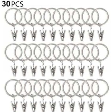 Set di 30 anelli per tende con clip, robusti, ganci su staffe per asta, occhielli in metallo con diametro interno di 25 mm, per tende decorative, telai per finestre, argento