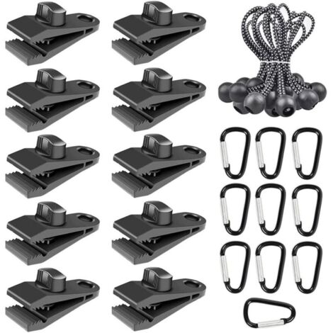 Set di 30 clip per tende, tende da sole e teloni con cordino elastico e moschettone per tende da campeggio all'aperto.
