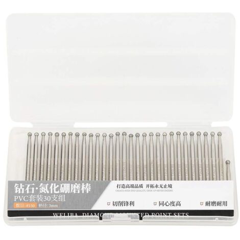 Set di 30 frese diamantate, punte diamantate da 3 mm con testa sferica, punte diamantate da 3 mm, utensili per rettifica rotondi, punte diamantate per fresatura, trapano per rettifica, fresa con punta