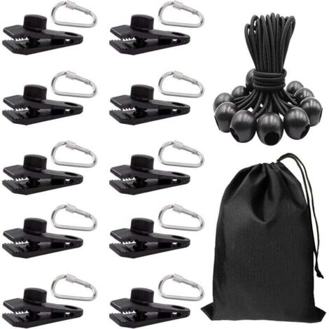 Set di 31 clip, tenditori elastici e moschettoni per teloni antivento da campeggio, coperture per auto, coperture per piscine e coperture per barche.
