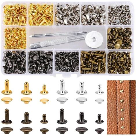 Set di 360 rivetti per cuoio, 3 misure, rivetti doppi per cuoio, borchie tubolari in metallo con 3 pezzi, strumento per fissare i rivetti in cuoio per lavori di artigianato in pelle fai da te, rivetti