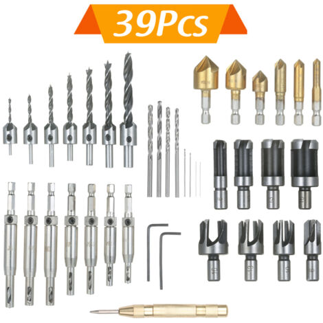 Set di 39 utensili per foratura e smussatura del legno: 8 frese, 6 punte esagonali 5 taglienti 90° (6,35mm), 7 punte carotaggio, 7 a tre punte, 8 elicoidali, 2 chiavi L, 1 punzone automatico