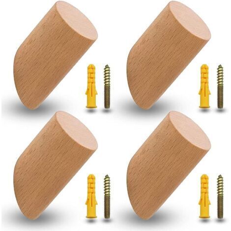 Set di 4 appendiabiti in legno di faggio, ganci in legno, ganci da parete con 4 viti e tasselli ad espansione per ufficio, cucina, casa, vestiti (6 cm)