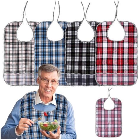 Set di 4 bavaglini lavabili per adulti, 58,5x38 cm – impermeabili, a quadri, con tasca integrata, per anziani e disabili, protezione per gli indumenti.