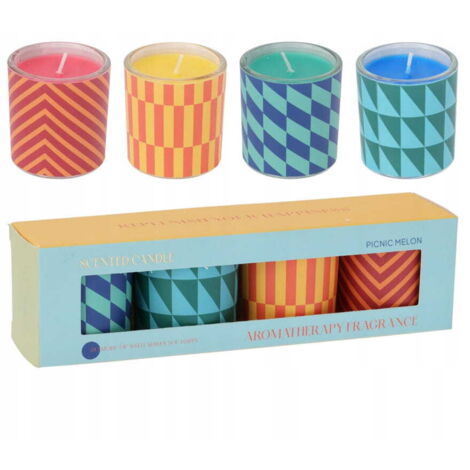 Set di 4 candele profumate in vetro, motivo colorato