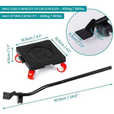 Set di 4 carrelli per mobili, tavole per il trasporto di mobili con strumento di sollevamento, capacità 400 kg, ruote per un facile trasporto, rotazione a 360°.