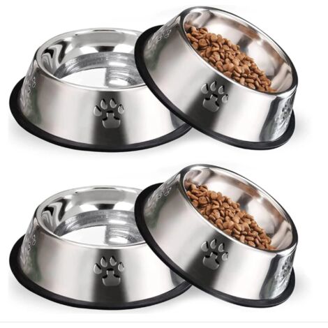 Set di 4 ciotole antiscivolo in acciaio inox per cibo e acqua, adatte a cani e gatti.