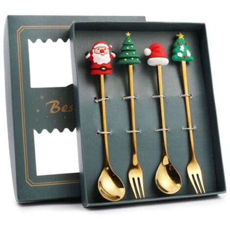 Set di 4 cucchiai e forchette natalizi in acciaio inossidabile, stoviglie decorative a forma di albero di Babbo Natale per la cena a casa, scatola verde