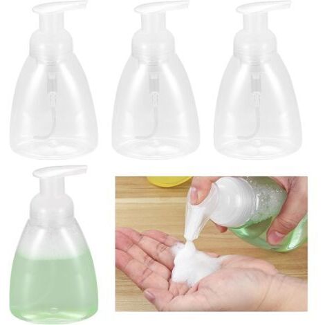 Set di 4 dispenser di sapone schiumogeno da 300 ml con pompa, ideali per gel doccia e detersivo per piatti, da montare a parete per cucina e bagno.