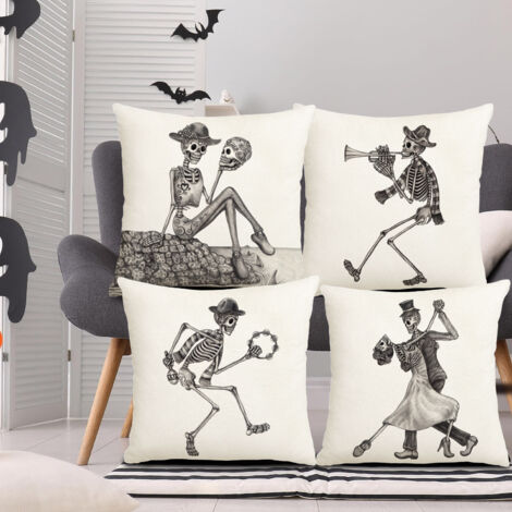 Set di 4 federe a forma di teschio di Halloween, federe in lino per feste, balli e decorazioni di Halloween all'aperto (45 x 45 cm)