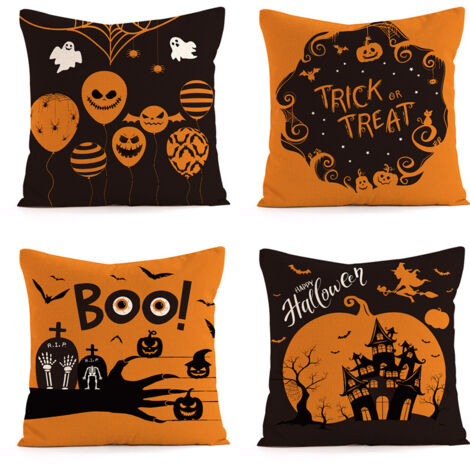 Set di 4 federe di Halloween per soggiorno, divano, cuscini in divertente lino stampato (45 x 45 cm)