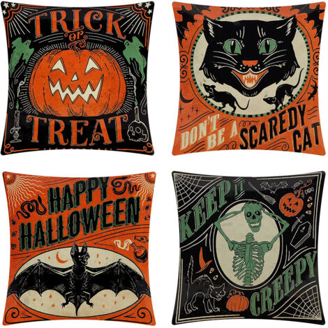 Set di 4 federe in lino per divano con motivo a testa di zucca, motivo Halloween in tela per retro divano (45 x 45 cm)