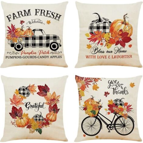 Set di 4 federe per cuscini 45 x 45 cm - Motivo a foglie arancioni - 18 x 18 cm - Federe decorative in lino