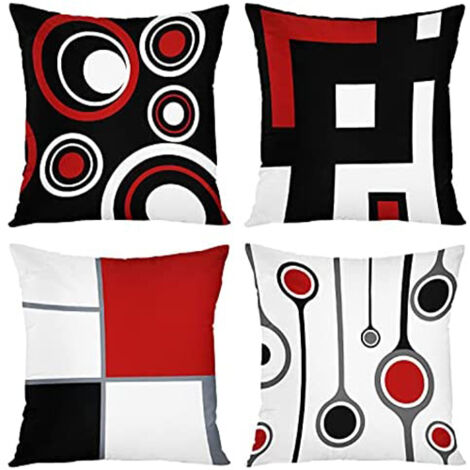Set di 4 federe per cuscini, 45,7 x 45,7 cm, moderne federe decorative astratte nei colori rosso, nero, bianco e grigio, con righe verticali ondulate e pois, federe in poliestere, federe quadrate per 