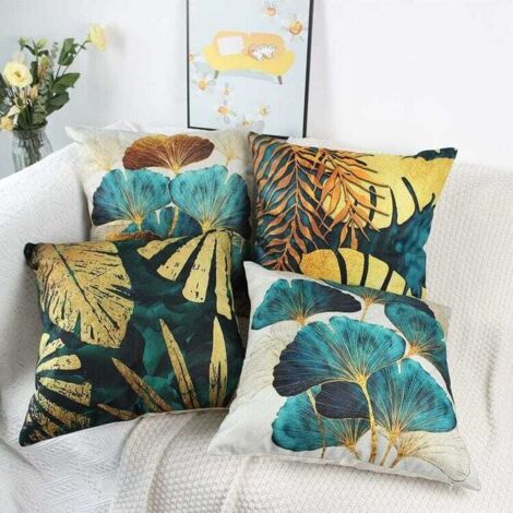 Set di 4 federe per cuscini 45x45 cm, motivo blu anatra e foglia oro, 18x18 cm, federa per divano soggiorno, federa per cuscino da giardino esterno