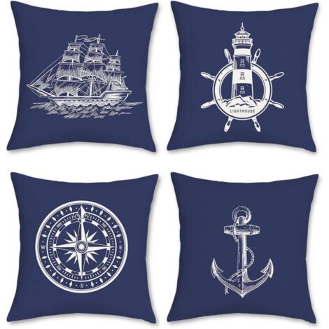 Set di 4 federe per cuscini a tema nautico, 45 x 45 cm, blu navy, con ancora, faro, barca a vela e bussola. Federa decorativa in poliestere e lino.