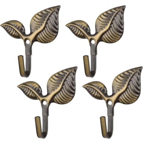 Set di 4 fermatende vintage retrò a forma di foglia, da parete, per porta, per asciugamani, appendiabiti, gancio in ferro verde bronzo