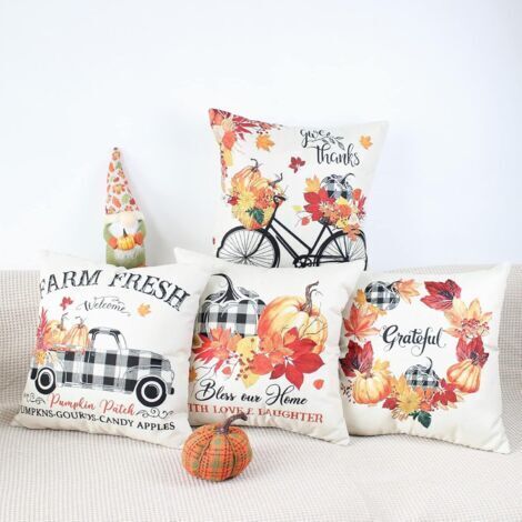 Set di 4 fodere per cuscini, 45 x 45 cm - Motivo a foglie arancio bruciato - 18 x 18 cm - Fodere decorative in lino - 45 cm x 45 cm - Fantasie per divano, soggiorno