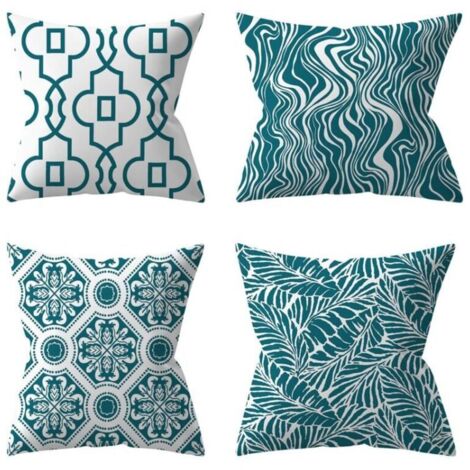Set di 4 fodere per cuscini da esterno, pianta verde, 45x45 cm, cuscino decorativo da giardino (turchese)