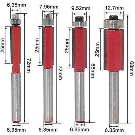Set di 4 frese per copiatura da 1/4" per lavorazione del legno fai-da-te, con cuscinetto superiore e gambo a filo.