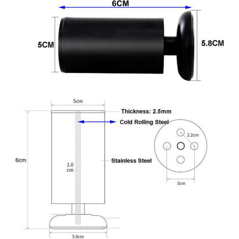 Set di 4 gambe per mobili nere - Gambe per tavolo regolabili in acciaio inox da 6 cm con piedini in gomma e viti