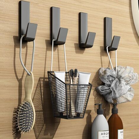 Set di 4 ganci adesivi da parete in alluminio, ideali per bagno, bagno, cucina, come portasciugamani, senza bisogno di forare la parete - Supporta fino a 20 kg, colore nero.