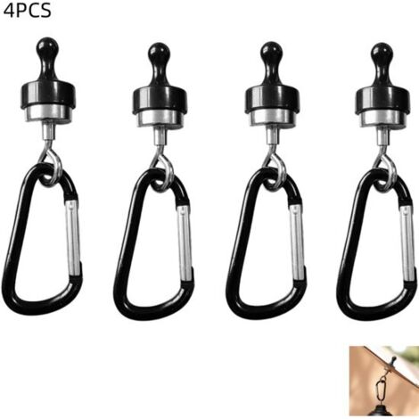 Set di 4 ganci magnetici per tende da campeggio e verande, con moschettoni. Ideali per campeggio, garage, cucine e uffici. Dimensioni: 13 x 3 cm. Colore: nero.
