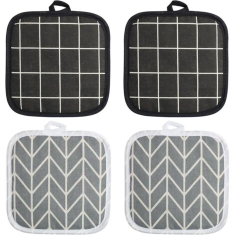 Set di 4 guanti da forno in cotone nero e grigio, con tasche antiscivolo, guanti da cucina, 18x18 cm, resistenti al calore fino a 100°C, lavabili in lavatrice, ideali per cucinare e cuocere al forno.