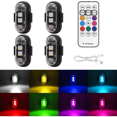 Set di 4 luci stroboscopiche a LED wireless con telecomando, 8 colori, ricarica USB, impermeabili, anticollisione, luci di emergenza per auto, moto, drone, bicicletta