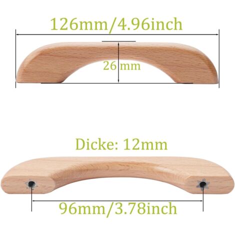 Set di 4 maniglie in legno per mobili, armadi, ante di armadi e cassetti in legno di faggio, lunghezza totale 126 mm, color legno.