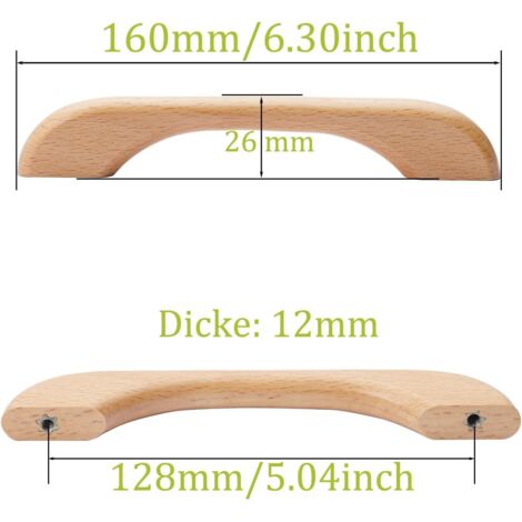 Set di 4 maniglie in legno per mobili, armadi, ante di armadi e cassetti in legno di faggio, lunghezza totale 160 mm, color legno.
