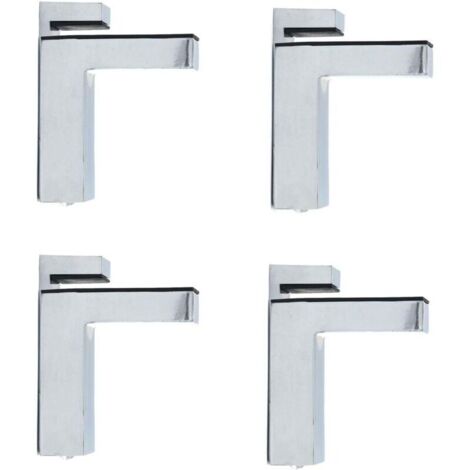 Set di 4 morsetti per vetro a forma di F con fissaggio a parete regolabile, per spessori da 3 a 36 mm, realizzati in lega di zinco con finitura cromata.